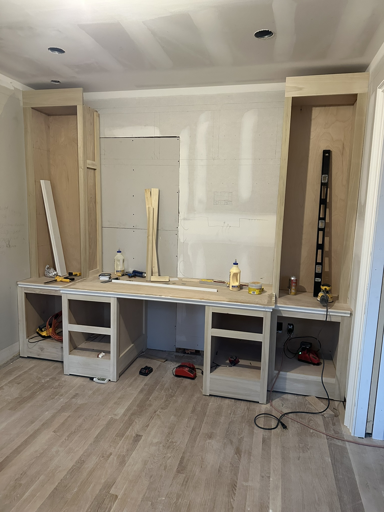 Custom home study cabinetry at the beginning of construction